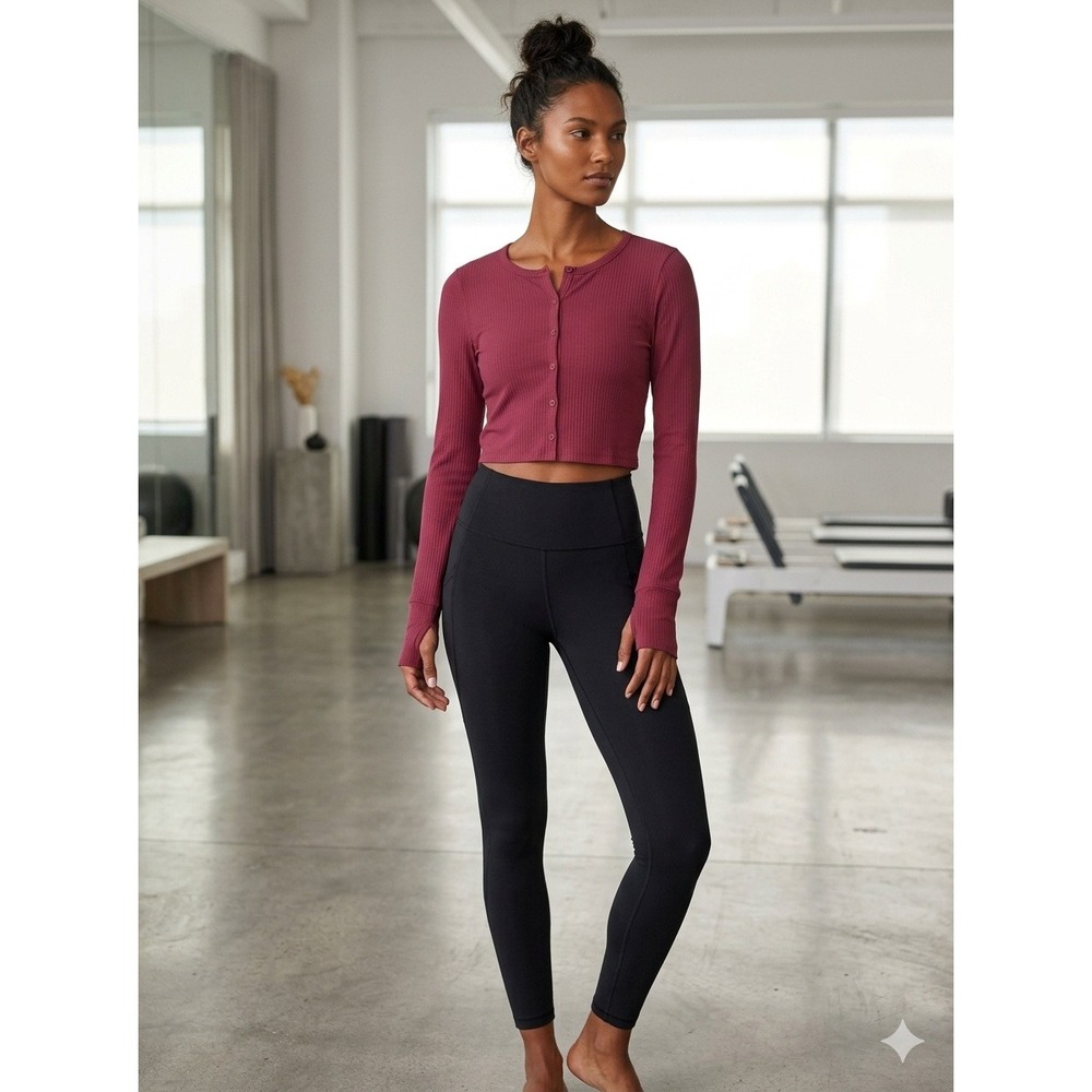 Abercrombie & Fitch YPB Active Rib Cardigan Red Cropped Thumbhole Top Medium NWT